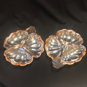 Pair VTG Jeanette Carnival Glass Marigold Clover Iridescent Divided Candy Dishes
